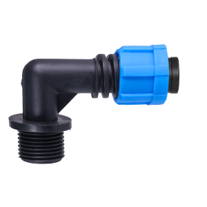 Conector Codo Lay Flat Blanca Rosca 1/2" MPT - Cintilla 5/8"