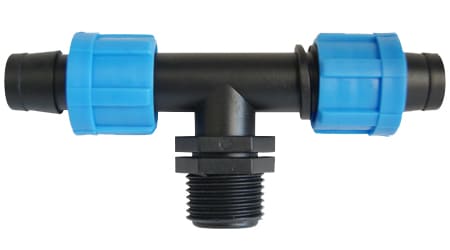 Conector Tee Lay Flat Blanca Rosca 1/2" MPT - Cintilla 5/8"