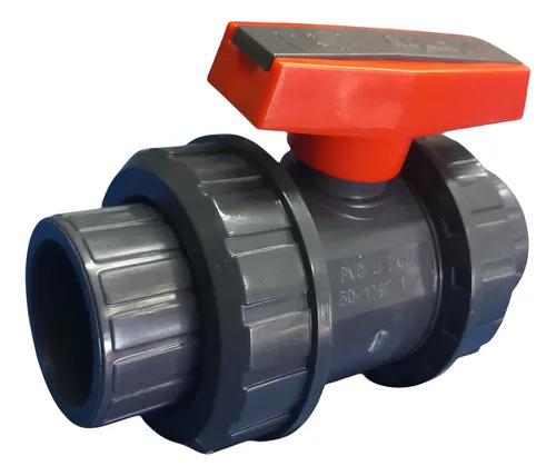 Válvula Esfera 2 Tuerca Unión 1.5" C80 Cementar Manija central Naranja